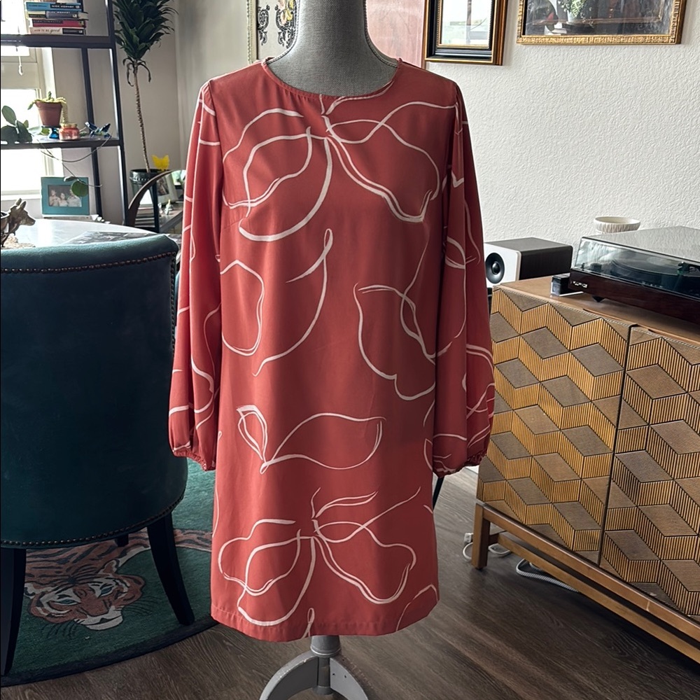 A New Day Blush-Orange Sheath Dress with Bishop Sleeves